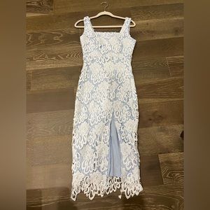 Blue and white lace midi dress with slit. Never worn.